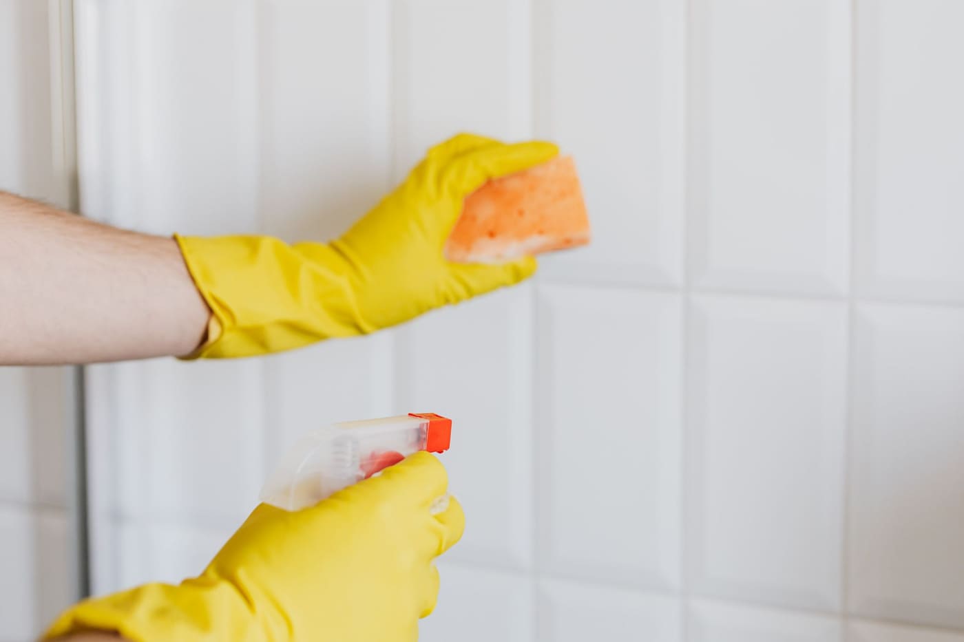 Yellow-gloved hand scrubbing white wall tile with a sponge
