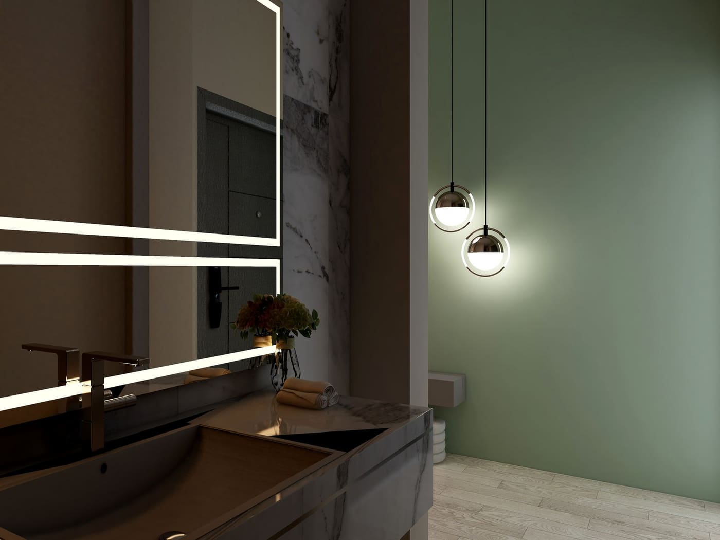 Illuminated mirror with pendant lights hanging beside it