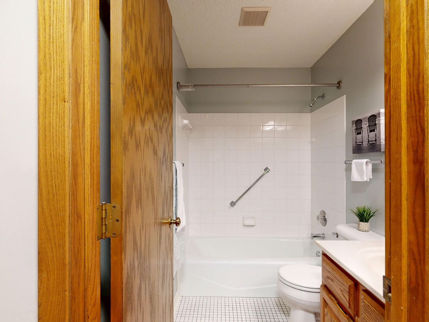 Narrow bathroom seen through a doorway, with a tub, a shower rod, towel bars and a small plant